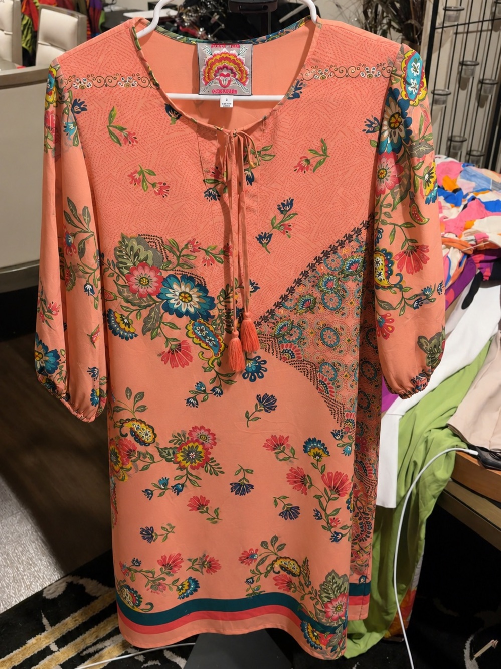 Johnny Was Coral Floral Paisley Tie-Neck Midi Dress